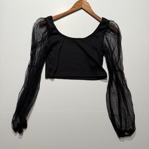 Dazy Women’s Black Crop Top with Tulle Sleeves, Size M